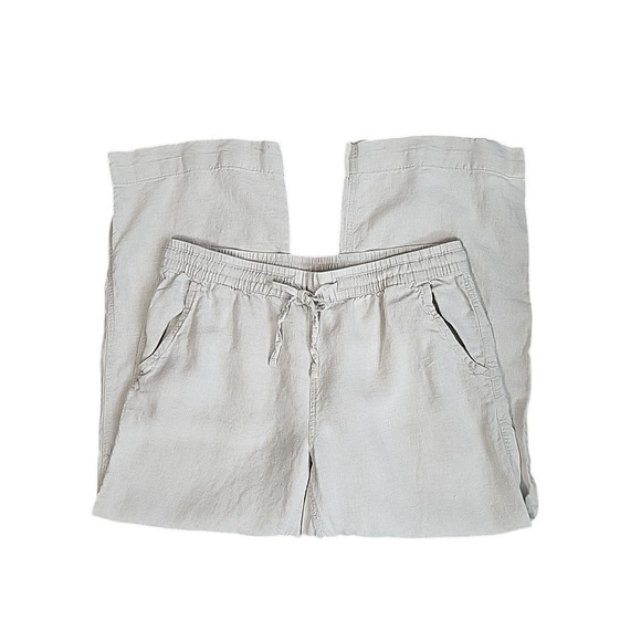 LL Bean Wide Leg Linen Pants Women 14 Tan Drawstring Elastic Waist Beach Coastal - Picture 2 of 11
